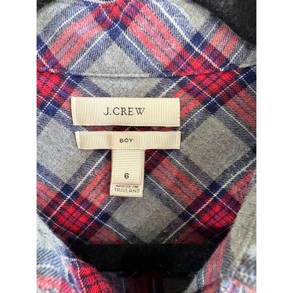 J Crew Boy Fit Plaid Flannel Button Down Shirt Gray Red Size 6 - Picture 4 of 10
